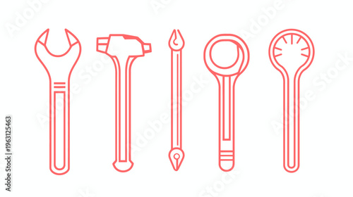 Pink outline illustrations of five tools. Includes a wrench, hammer, screwdriver, and two specialized keys