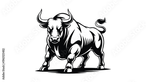 Aggressive bull standing with horns, powerful animal mascot design on white background.