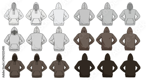 Vector graphic illustration of various colored hoodies in different views and poses
