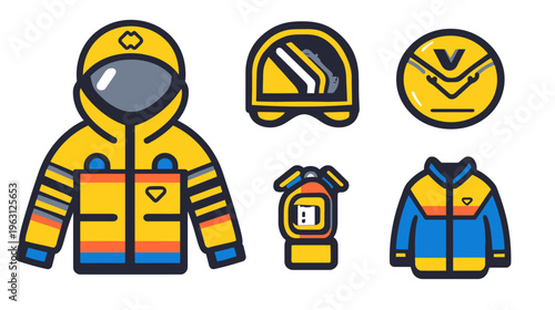 Stylized illustrations of protective gear, including a jacket, helmet, breathing apparatus, and other attire