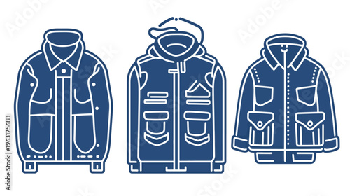 Three stylized blue jackets with different designs and pockets are arranged on a white background