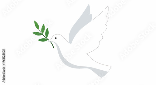 Flying dove carrying olive branch in its beak symbolizing peace and harmony in flight