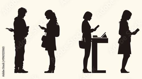 Silhouettes of people absorbed in their phones, isolated against a neutral background