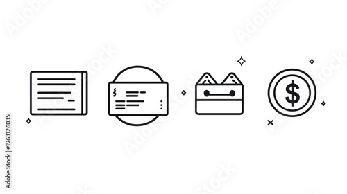 Four black and white line art financial icons on a white background, representing money