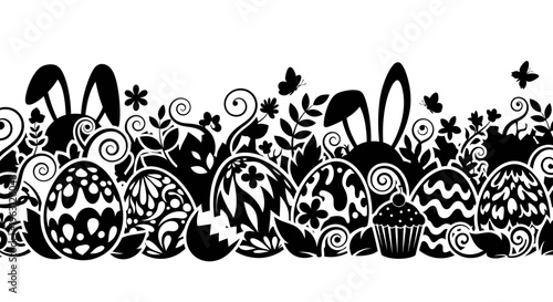 Easter eggs and bunny ears silhouette border design.