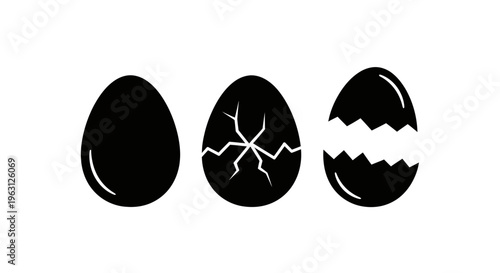 Set of three black egg icons showing different stages of cracking.