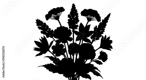 Elegant silhouette of a diverse floral bouquet with various flower shapes.
