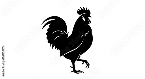 Black Rooster Silhouette Isolated on White Background.