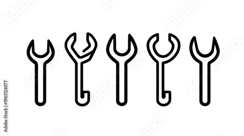 Linear illustration of five open-ended wrenches in a row, graphic design, black and white