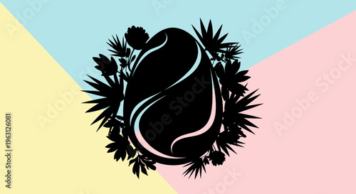 Black silhouette of an egg surrounded by various plants and leaves.