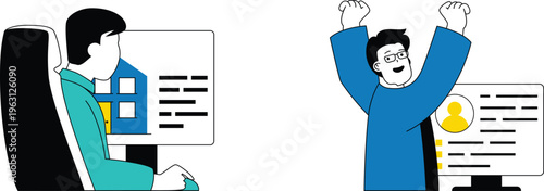 A person feeling frustrated at a computer while another celebrates a successful profile completion nearby