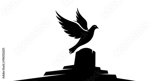 Silhouette of a dove taking flight from a pedestal.