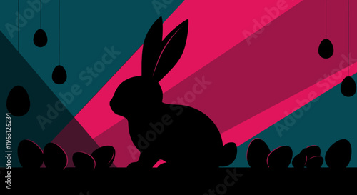 Silhouette of an Easter bunny surrounded by eggs.