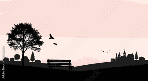 Silhouette of a serene park scene with a tree, bench, and distant town.