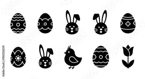 Easter Holiday Icons Collection - Eggs, Bunnies, Chick, and Tulip Silhouettes.