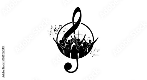 Treble Clef with Worshiping Figures and Cross Symbolizing Faith and Music.