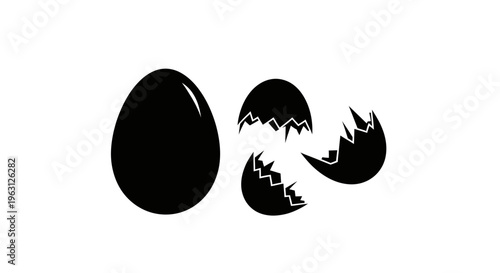 Black silhouette of a whole egg and broken eggshells.