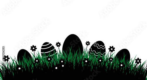 Easter eggs hidden in green grass with small flowers.