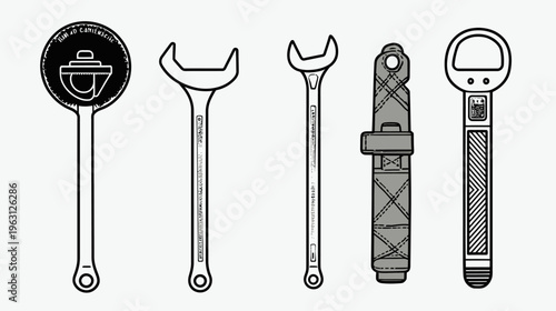 Stylized tools illustration with five different wrench and measuring gauge designs