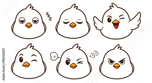 A set of six white cartoon birds with different happy and angry facial expressions