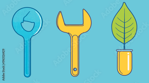Colorful vector illustration showing an opener, wrench, and a plant in a yellow container