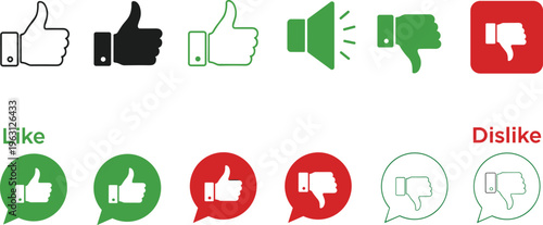 Like and Dislike Icon Set with Thumbs Up Down Feedback Symbols Speech Bubble Buttons and Approval Rating Signs for UI UX Social Media Design