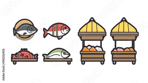 Colorful vector illustration showing various fish and market stalls for seafood
