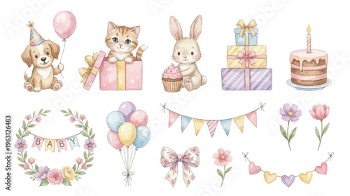 Cute watercolor baby shower set with animals, balloons, cake, gifts, flowers and banners in pastel colors for kids party design Collection of Vector illustrations. Perfect for invitation, card, poster