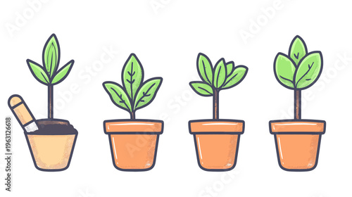 Animated illustration of plants growing in pots, with a small gardening tool