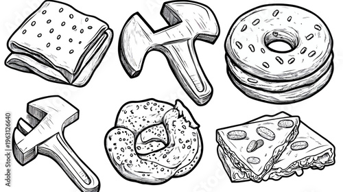 A hand-drawn collection of black and white illustrations featuring various food items and tools