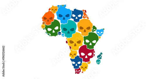 Africa Map Composed of Colorful Skulls and Alien Heads Vector Illustration, Symbolic Graphic Representing Social Issues, Danger, and Mortality
