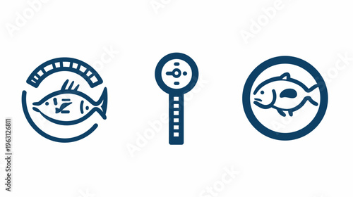 Three minimalist icons featuring fish and measuring tools. All are in dark blue on white background