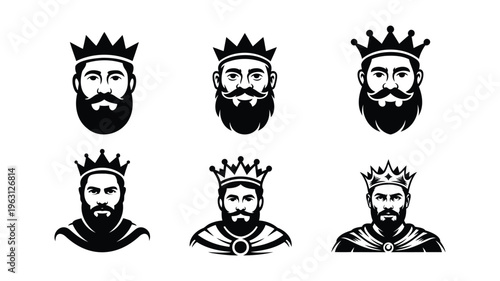 Collection of regal king portraits with crowns and beards illustration vector set.