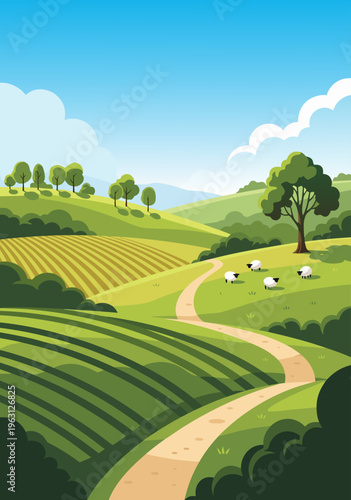 Vector illustration of a picturesque rural landscape with rolling green hills, sheep grazing, and a winding path under a cloudy blue sky, perfect for countryside themes