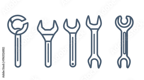 Stylized illustration of five wrenches in varying designs, arranged horizontally on white