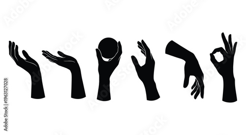 Set of black silhouette hands holding and gesturing in white background
