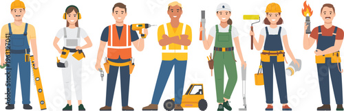 Construction workers characters vector set with tools engineer builder handyman industrial labor flat design illustration collection professional team concept