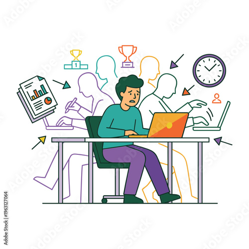 A man works on laptop surrounded by coworkers and deadlines