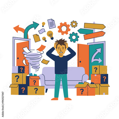 A man overwhelmed by chaotic thoughts and symbols surrounds his home office.