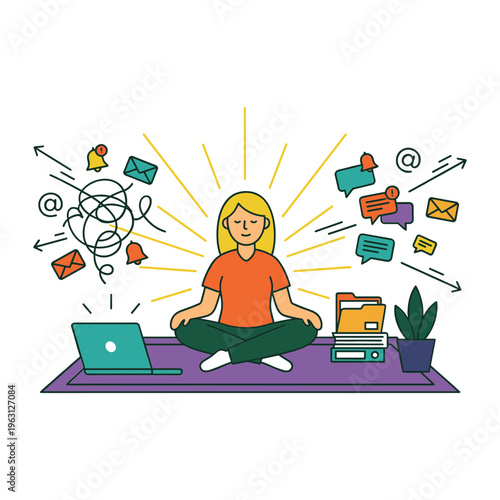 Woman meditates peacefully on mat with laptop surrounded by chaotic mail symbols