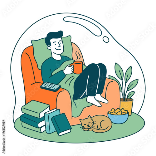 A man relaxed on an orange couch with laptop, books, snacks, and cat.