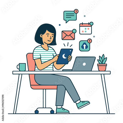 Woman sits at desk working on laptop and phone with icons floating