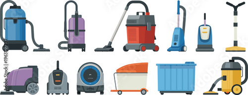 Cleaning equipment vector set with vacuum cleaner floor scrubber industrial machines janitor tools flat design illustration collection hygiene service