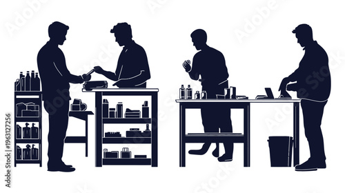 Silhouetted figures working at various stations, possibly a laboratory or workshop scene