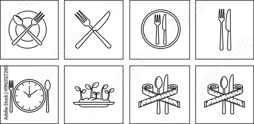Restaurant Dining Line Icon Set with Fork Knife Plate Salad Meal Time Symbols Minimal Outline Food Service Collection for Menu App UI Vector Illustration