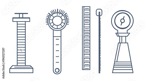 Vector illustration of various bar tools including jigger, muddler, measuring stick and scale