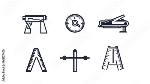 Six monochrome vector outline drawings of various objects on a clean white background