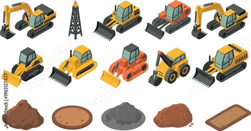 Construction machinery isometric vector set with excavators bulldozers loaders drilling rig soil materials heavy equipment illustration collection industrial