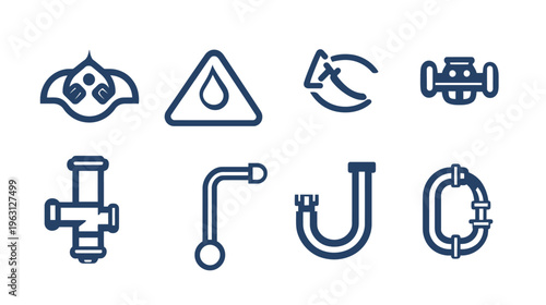 Eight stylized, dark blue illustrations of various plumbing-related icons on a white background