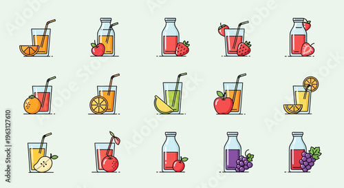 Set of Fresh Fruit Juice and Smoothie Icons